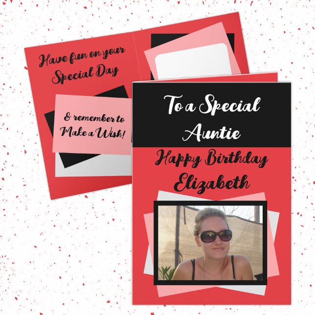 Auntie photo name red black birthday card (Creator Uploaded)