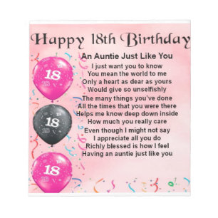 Auntie Poem 18th Birthday Notepad