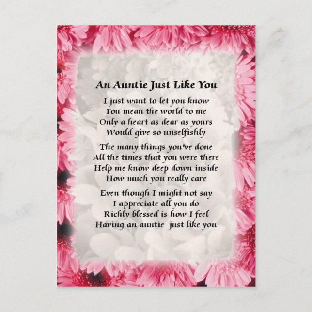 Auntie poem - Pink Floral design Postcard (Front)