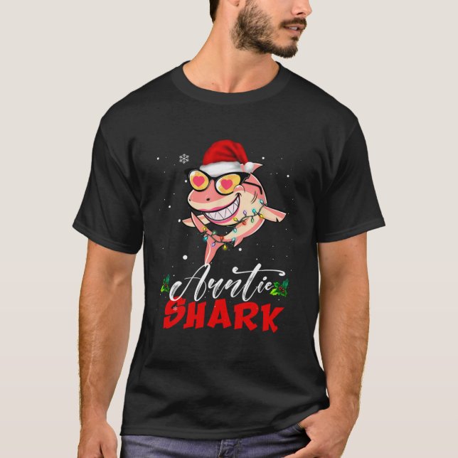 Auntie Shark Santa Hat Ugly Christmas Lights Girl  T-Shirt (Front)