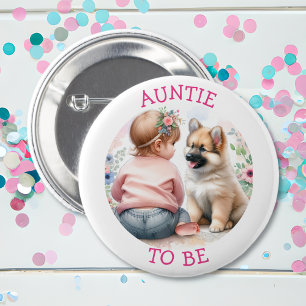 Auntie To Be Baby Girl and Puppy Pink Baby Shower 6 Cm Round Badge