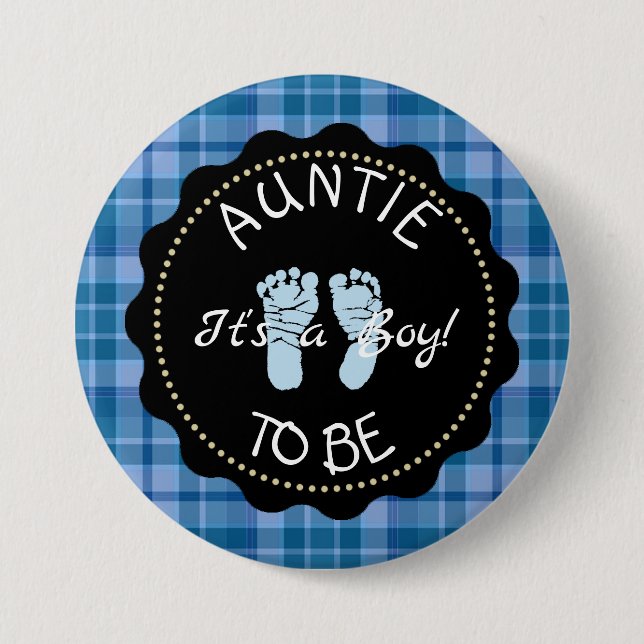 AUNTIE to be  Blue Plaid Baby Shower button (Front)