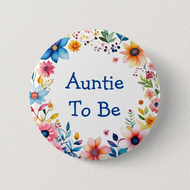 Auntie To Be Floral Pink and Blue Baby Shower 6 Cm Round Badge (Front)