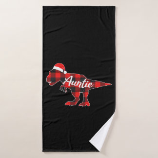 Auntiesaurus - T-Rex Aunt Red Plaid Christmas Dino Bath Towel