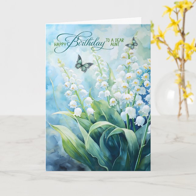 Aunt's Birthday Lily of the Valley with Butterfly Card (Yellow Flower)