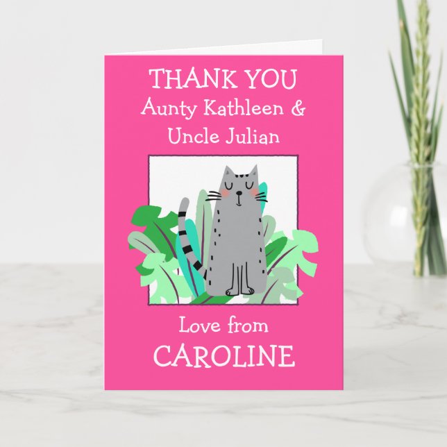Aunty Uncle Names Cute Cat Leaf Child Thank You Card (Front)