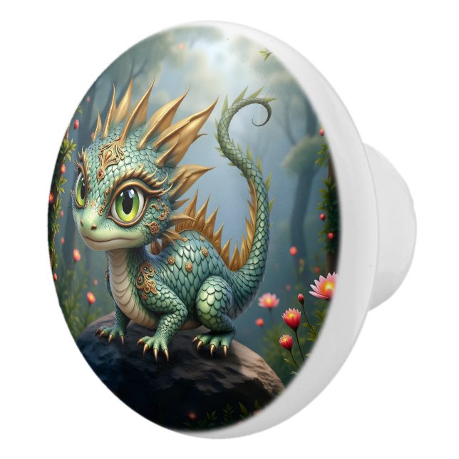 Auren – Little Emerald Forest Dragon  Ceramic Knob (Right)