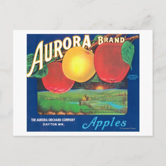 Aurora Apple Label (blue) - Dayton, WA Postcard (Front)