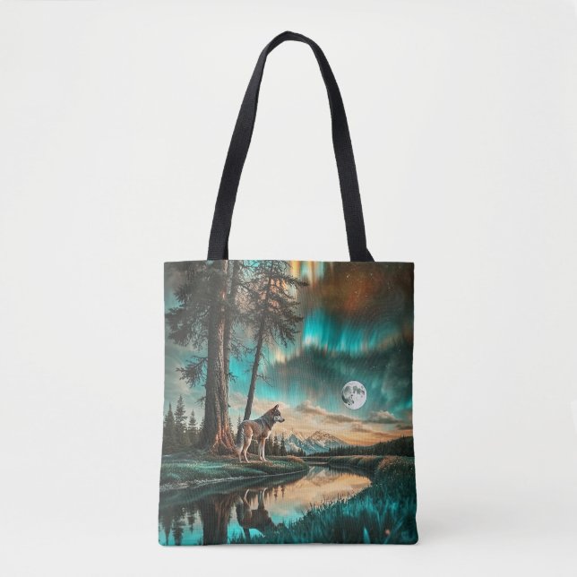 Aurora Borealis 2 Wolf Design Tote Bag (Front)