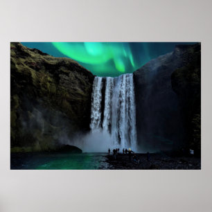 Aurora Borealis At Waterfall Skógafoss, Iceland Poster