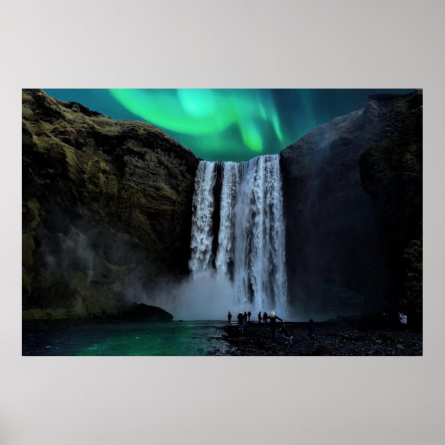 Aurora Borealis At Waterfall Skógafoss, Iceland Poster (Front)