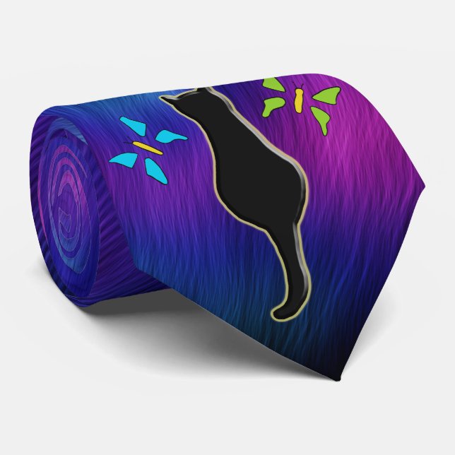 Aurora Borealis & Black Cat Silhouette & Butterfly Tie (Rolled)