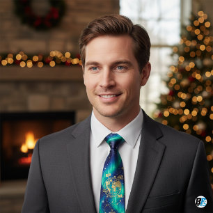 Aurora Borealis Christmas Map, Gold North Pole  Tie