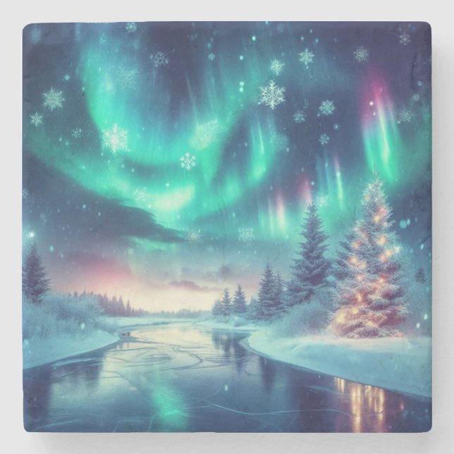 aurora borealis/Christmas/Winter Stone Coaster (Front)