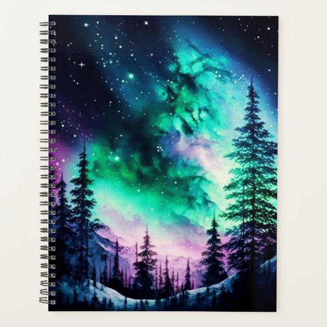 Aurora Borealis Cosmic Forest Night Sky Landscape Planner (Front)