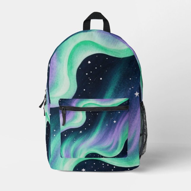 Aurora Borealis, Green & Purple pattern Printed Backpack (Front)