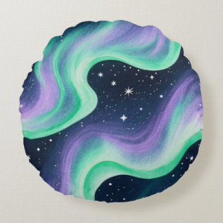 Aurora Borealis, Green & Purple pattern Round Cushion