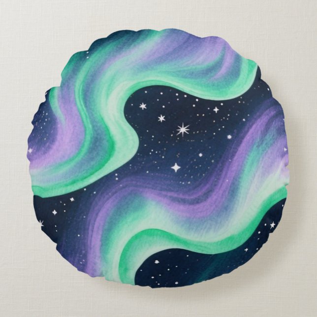 Aurora Borealis, Green & Purple pattern Round Cushion (Front)
