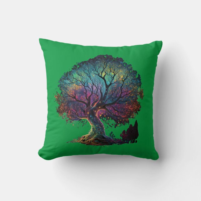 Aurora Borealis Illuminated Tree Illustration T-Sh Cushion (Front)