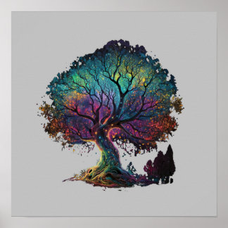 Aurora Borealis Illuminated Tree Illustration T-Sh Poster
