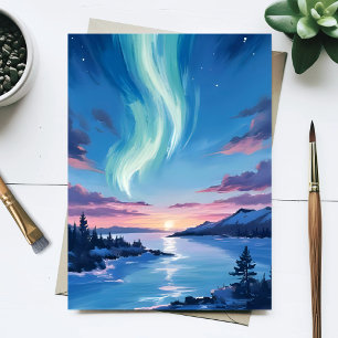 Aurora Borealis Lake Dreamy Night Landscape Postcard