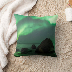 Aurora Borealis   Lofoten Beach Norway Cushion