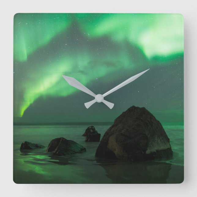Aurora Borealis | Lofoten Beach Norway Square Wall Clock (Front)