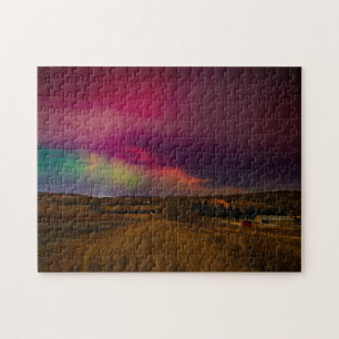 Aurora Borealis Night Sky   Alberta Prairie Landsc Jigsaw Puzzle
