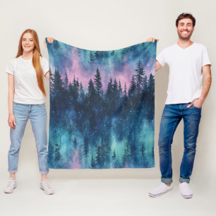 Aurora Borealis Night Sky Pine Forest Glow Fleece Blanket