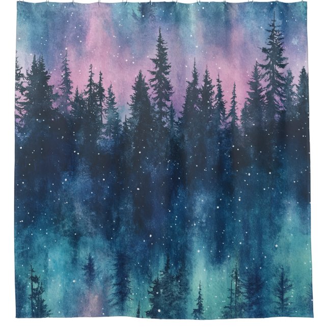 Aurora Borealis Night Sky Pine Forest Glow Shower Curtain (Front)
