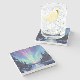 Aurora Borealis   Northern Lights Watercolor Stone Coaster