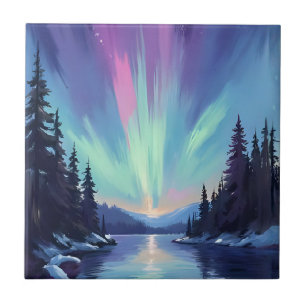 Aurora Borealis Northern Lights Watercolor Tile