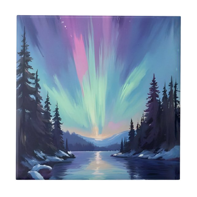 Aurora Borealis | Northern Lights Watercolor Tile (Front)