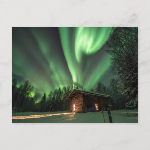 Aurora Borealis over Log Cabin Photo Postcard