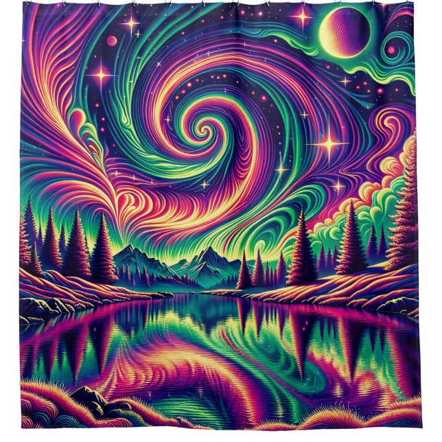 “Aurora Borealis Over Reflective Lake” Shower Curtain (Front)