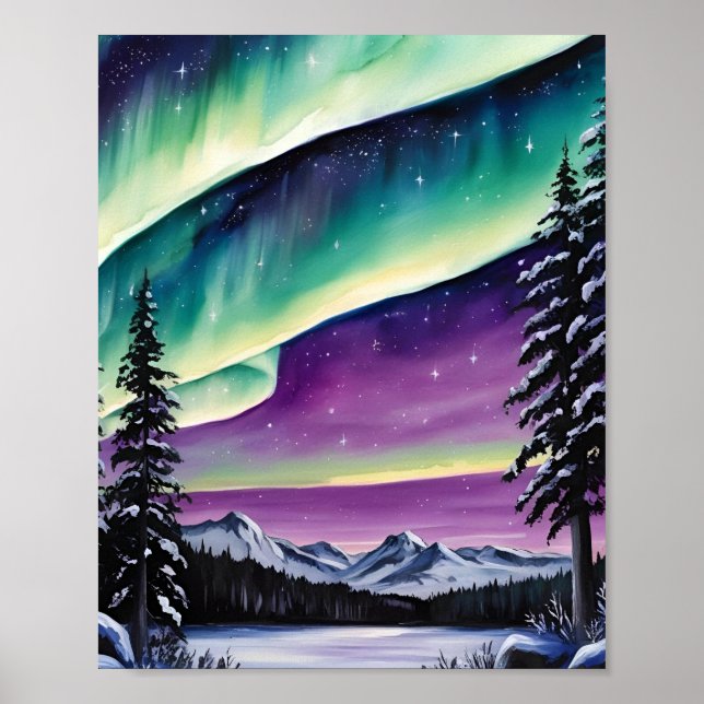 Aurora Borealis over snowy forest, pines,landscape Poster (Front)