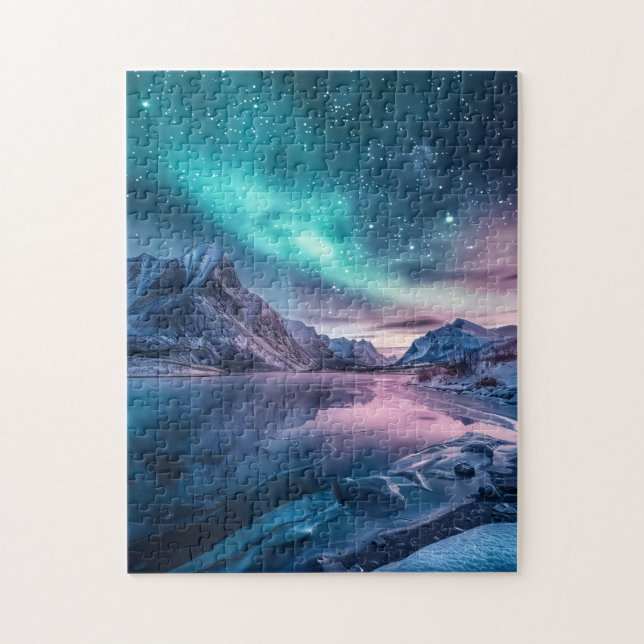 Aurora Borealis Over Snowy Mountain Landscape Jigsaw Puzzle (Vertical)