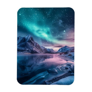 Aurora Borealis Over Snowy Mountain Landscape Magnet