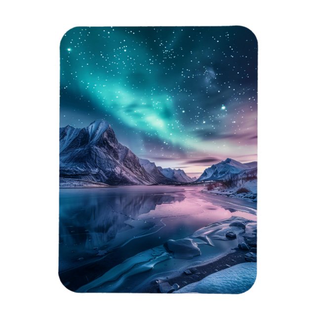 Aurora Borealis Over Snowy Mountain Landscape Magnet (Vertical)