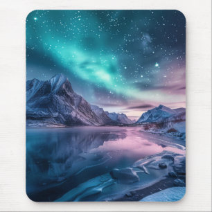 Aurora Borealis Over Snowy Mountain Landscape Mouse Mat