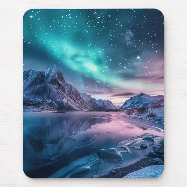 Aurora Borealis Over Snowy Mountain Landscape Mouse Mat (Front)