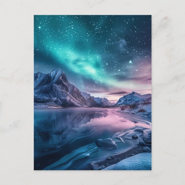Aurora Borealis Over Snowy Mountain Landscape Postcard (Front)
