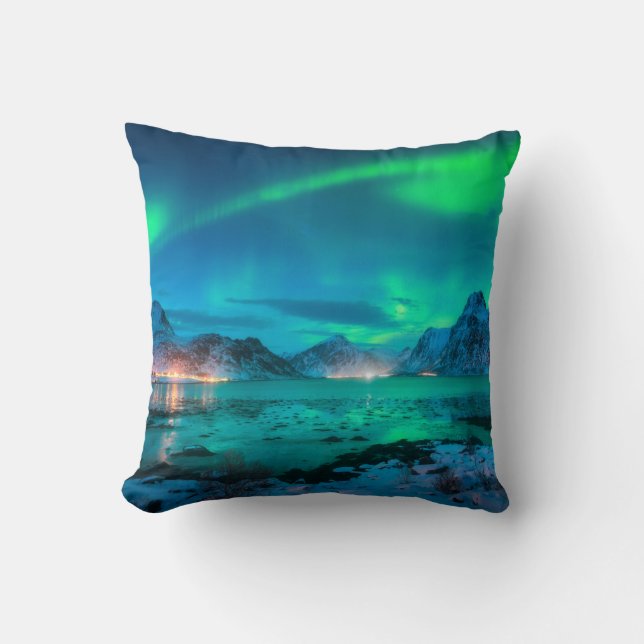 Aurora borealis over the sea coast, snowy mountain cushion (Front)