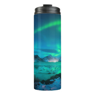 Aurora borealis over the sea coast, snowy mountain thermal tumbler