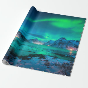 Aurora borealis over the sea coast, snowy mountain wrapping paper