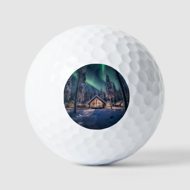 Aurora borealis over winter cabin golf balls (Front)