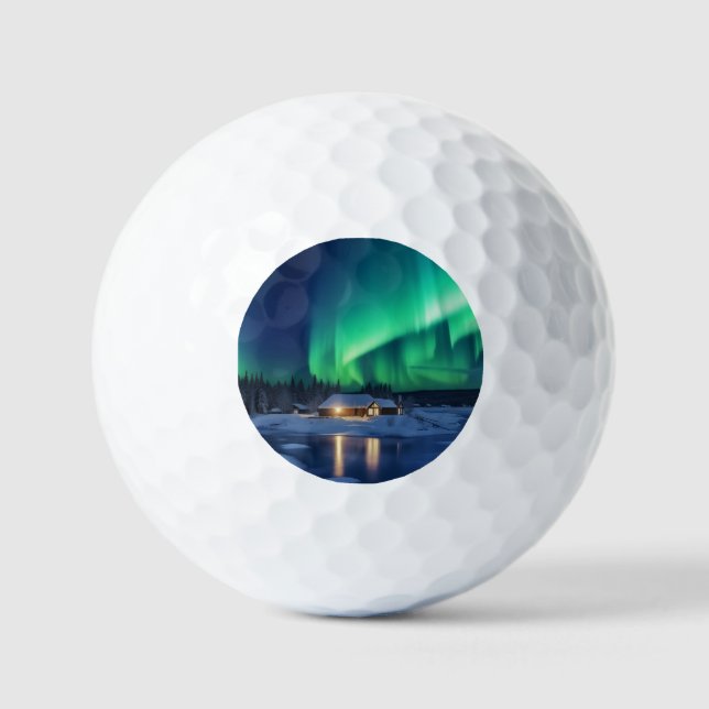 Aurora borealis over winter cabin golf balls (Front)