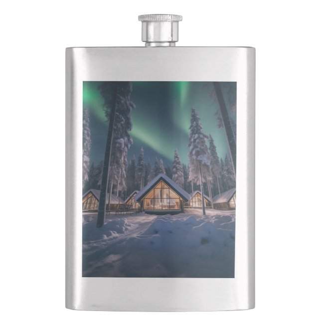 Aurora borealis over winter cabin hip flask (Front)