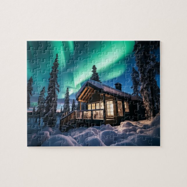 Aurora borealis over winter cabin jigsaw puzzle (Horizontal)