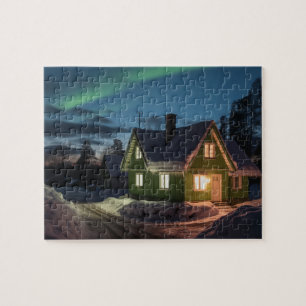 Aurora borealis over winter cabin jigsaw puzzle